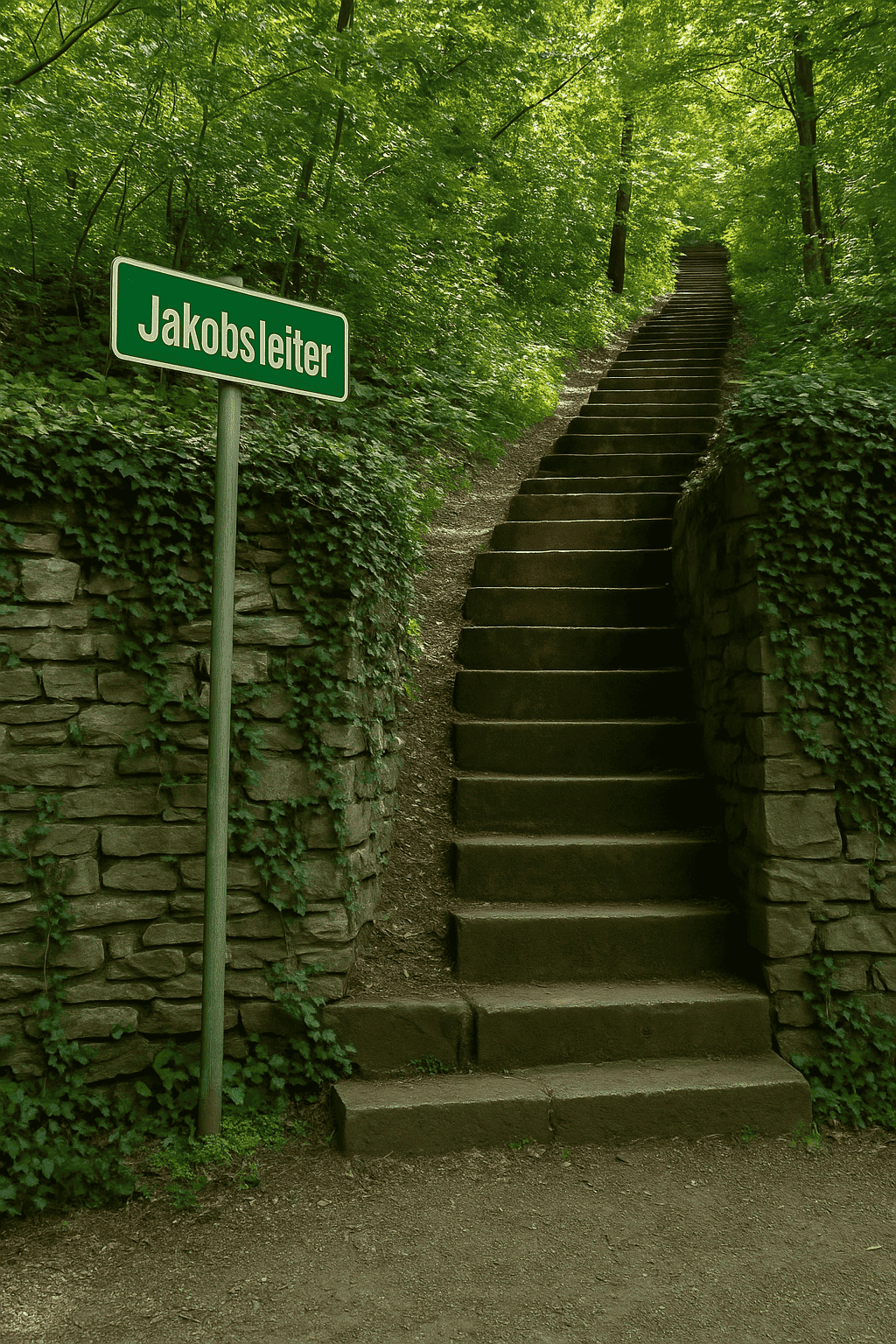 Historic Jacob's Ladder on the Reinerkogel in Graz-Andritz - stone forest staircase with green signposting, flanked by ivy walls and trees.