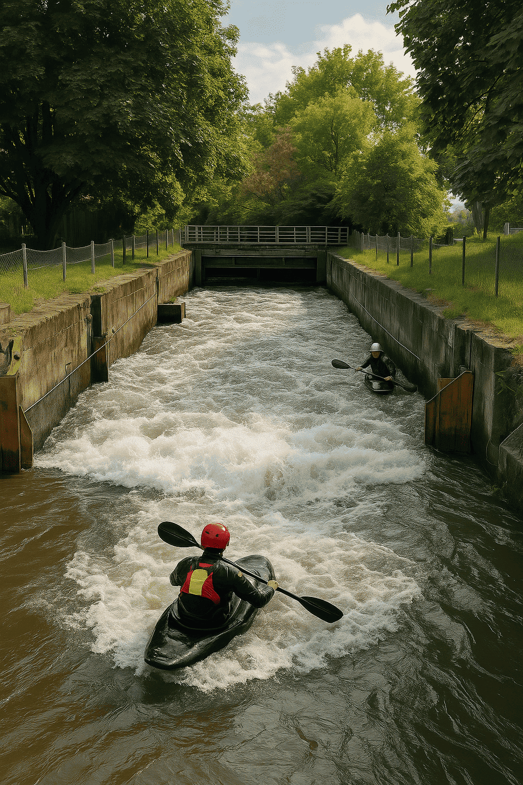 Kayakers on the Mugl Wave in Graz-Puntigam - artificial freestyle wave in the Mühlgang with action and whitewater feeling.