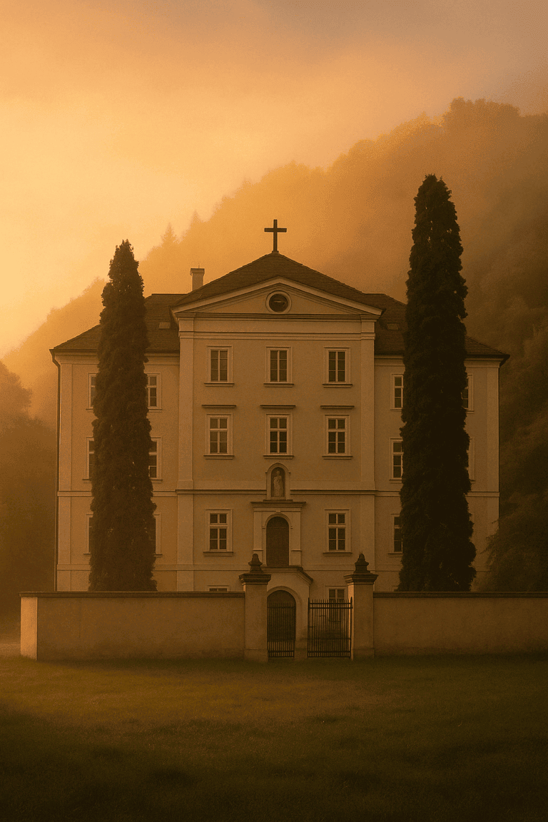 Mystically illuminated Carmelite monastery Maria Schnee in Graz-Geidorf at sunrise, surrounded by fog and tall cypresses, with a peaceful front garden and golden light atmosphere