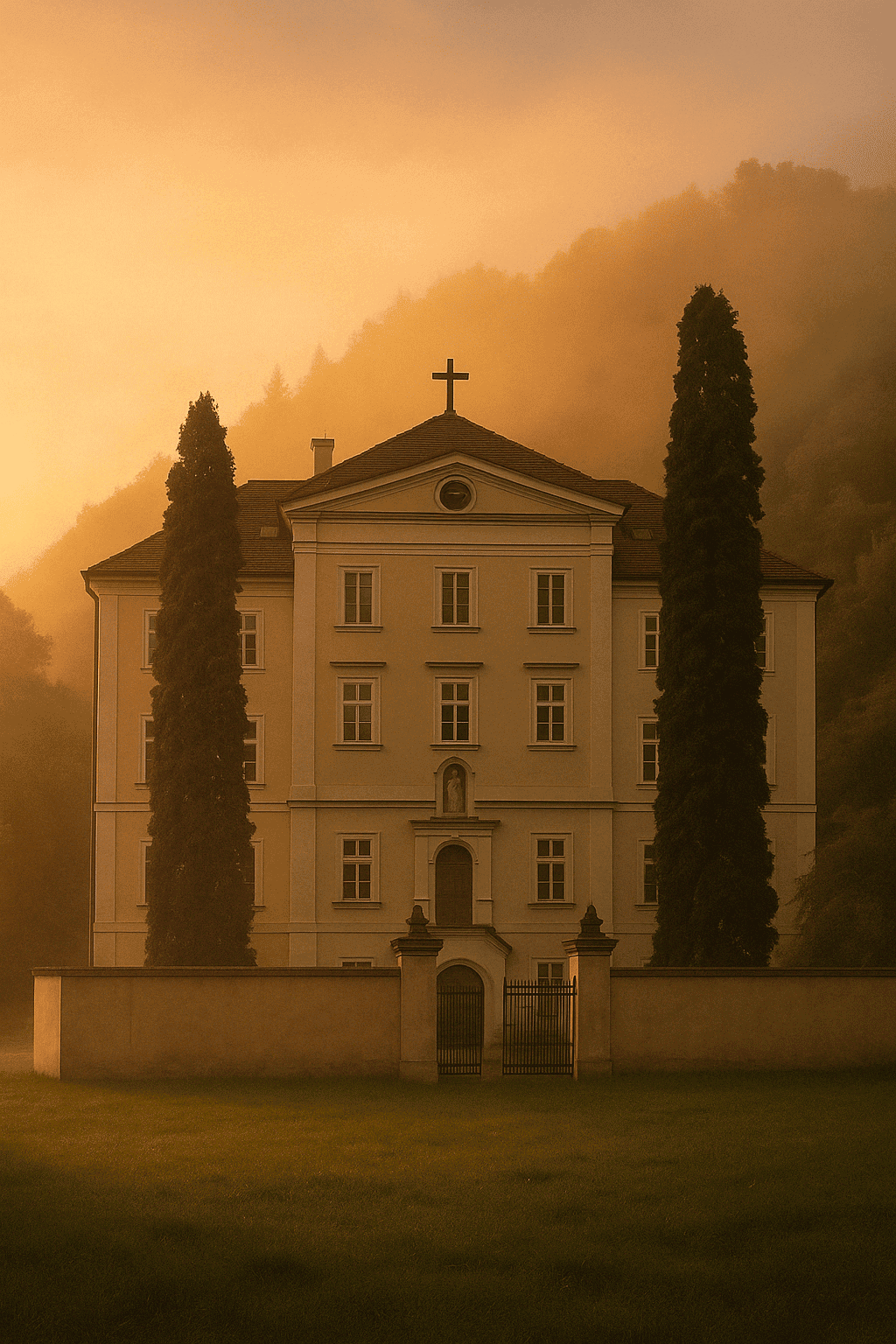 Mystically illuminated Carmelite monastery Maria Schnee in Graz-Geidorf at sunrise, surrounded by fog and tall cypresses, with a peaceful front garden and golden light atmosphere