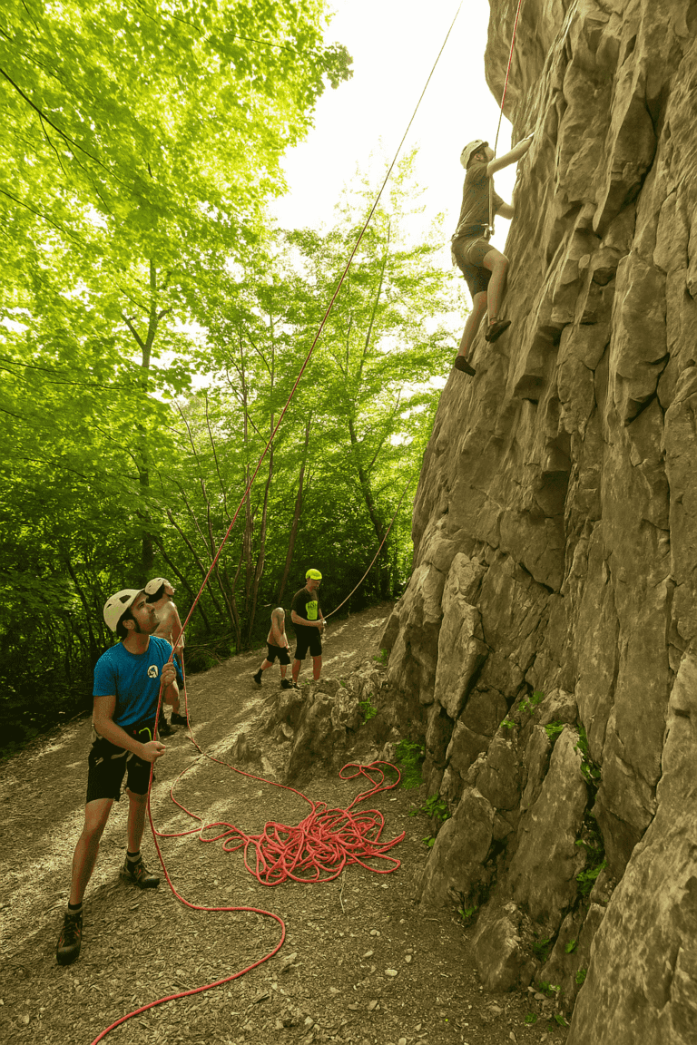 Climbers in the Weinzödl climbing garden in Graz-Andritz on a steep rock face, secured by a team, surrounded by green forest and sunlight.