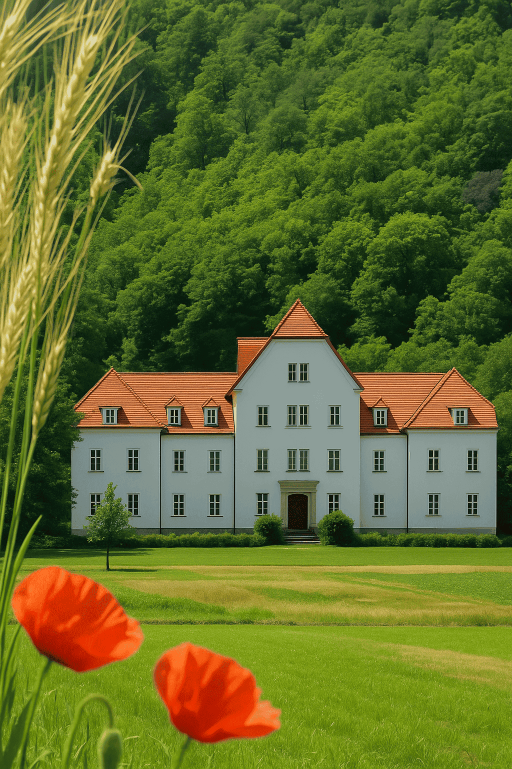 The Krottenhof in Wetzelsdorf, a historic manor house with a white façade, surrounded by green fields and a forest backdrop.