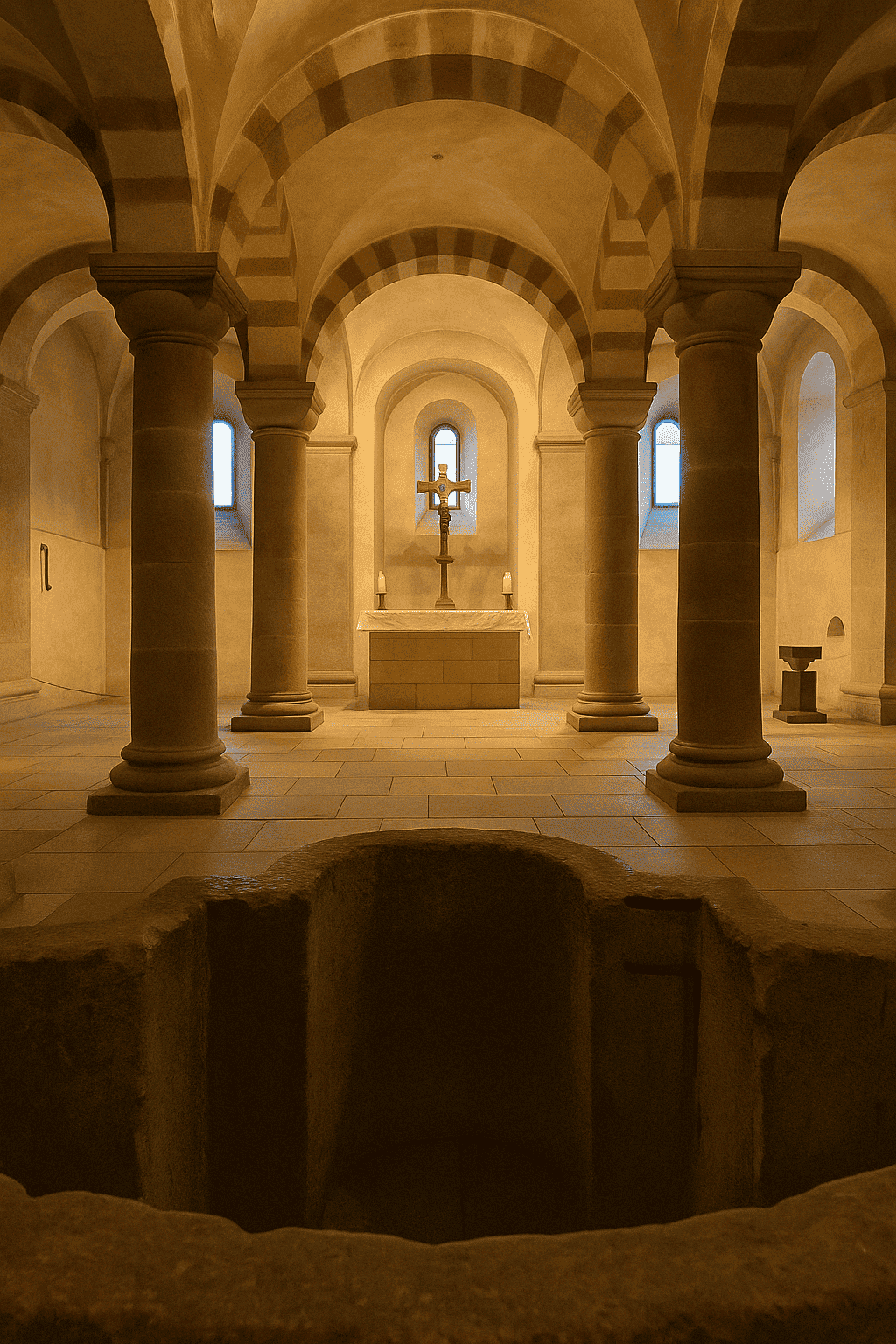 Romanesque crypt with cross vaults, round columns and a simple altar under a soft light - sacred silence and historical atmosphere beneath Graz Cathedral.