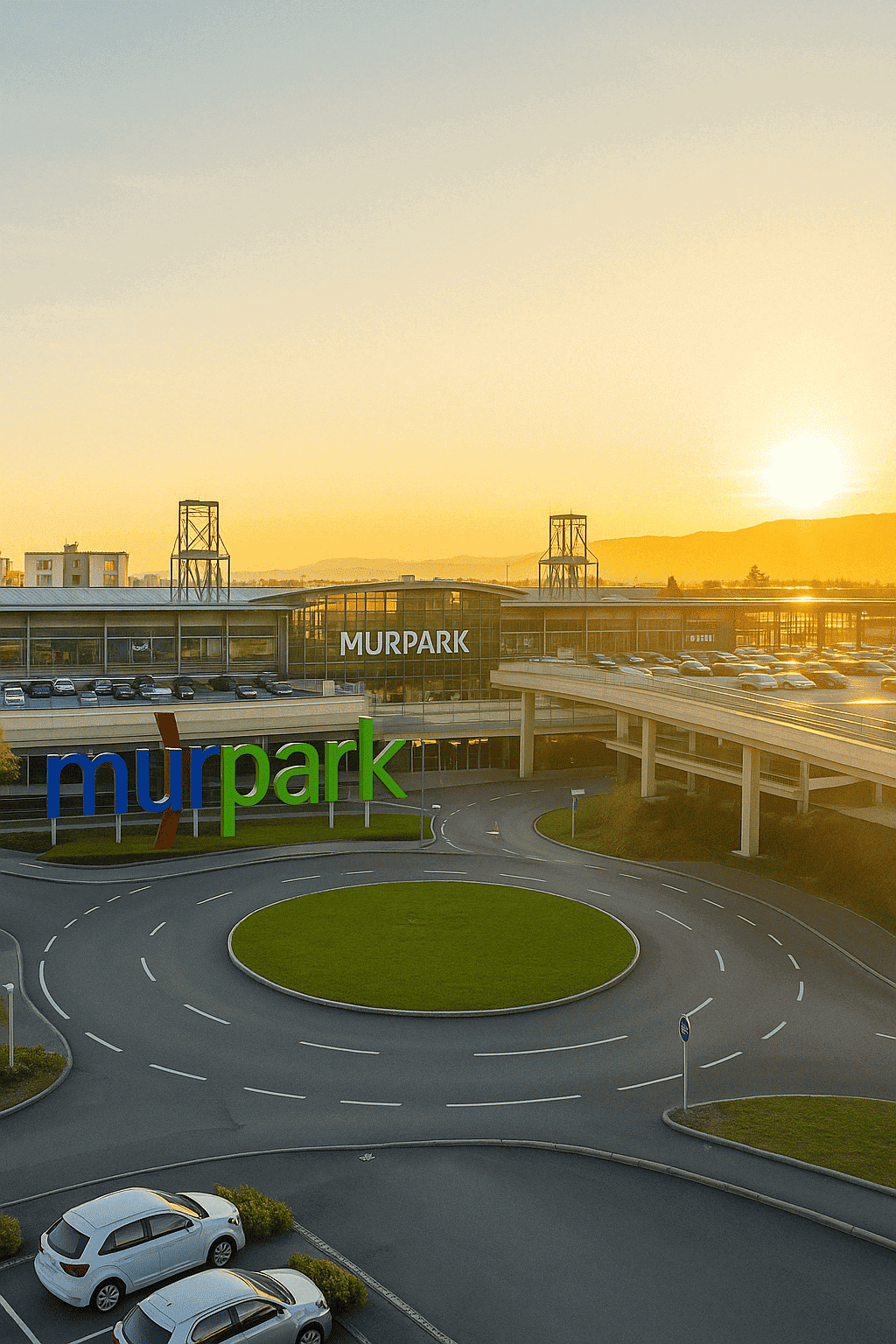 Modern exterior view of MURPARK Graz at sunset, with a large logo in the foreground, a circular traffic junction, car park decks, glass façade and rolling hills in the background under a clear sky.