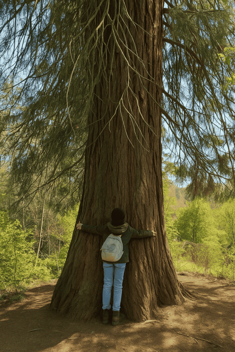 A young man with a rucksack and cap embraces the massive trunk of a giant sequoia tree in the primeval forest in Graz. The scene takes place in a sun-drenched wooded area, surrounded by fresh spring greenery and dense branches.