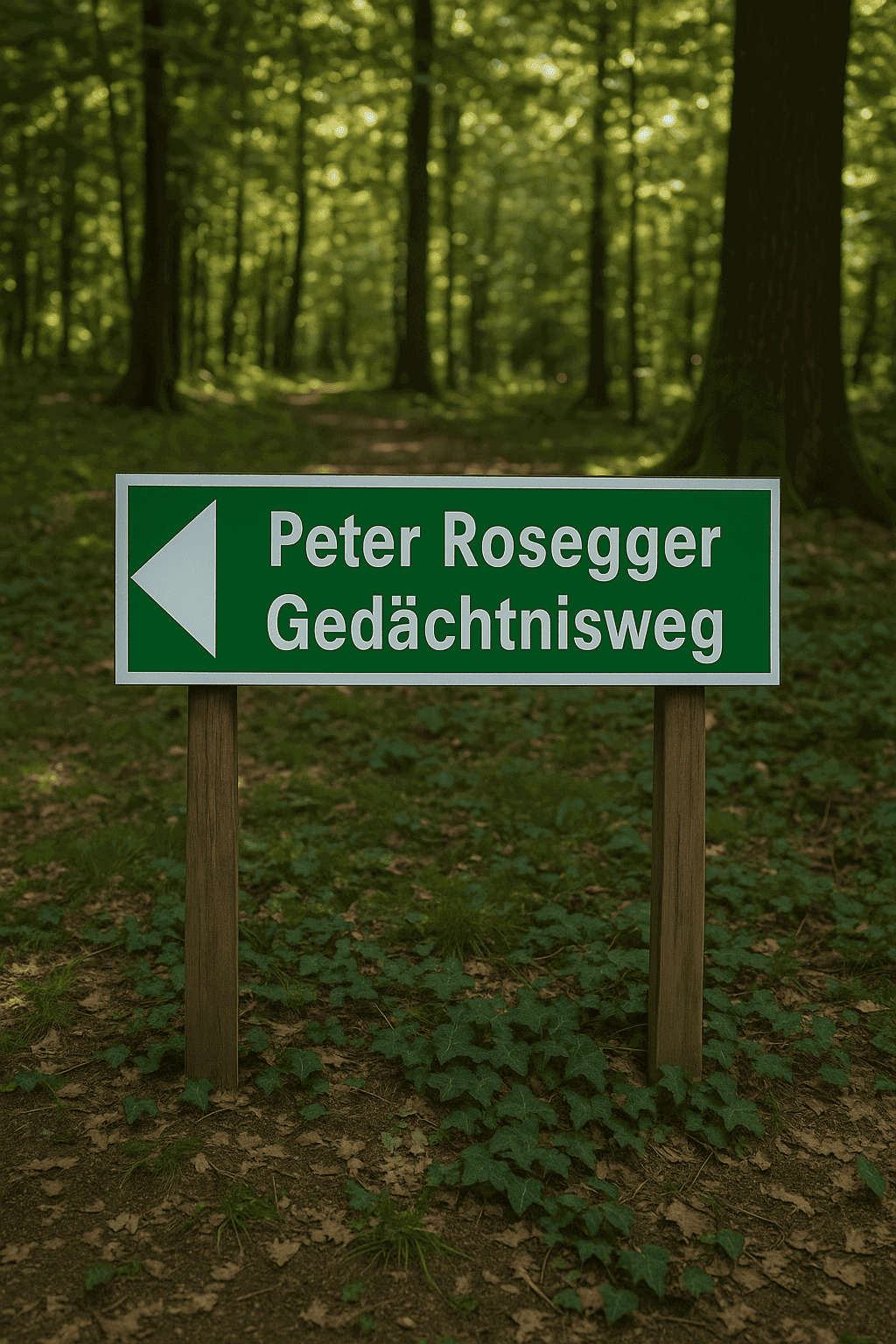 Sign for the Peter Rosegger Memorial Trail in the green Mariagrüner Forest in Graz