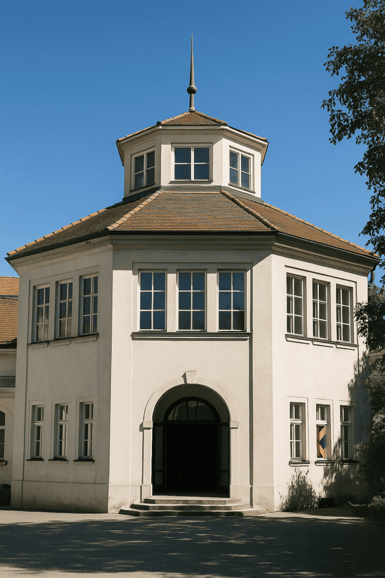 Modern exterior view of the MUWA - Museum of Perception in Graz. The octagonal building with its clear lines is framed by trees and urban surroundings. The façade is minimalist and inviting