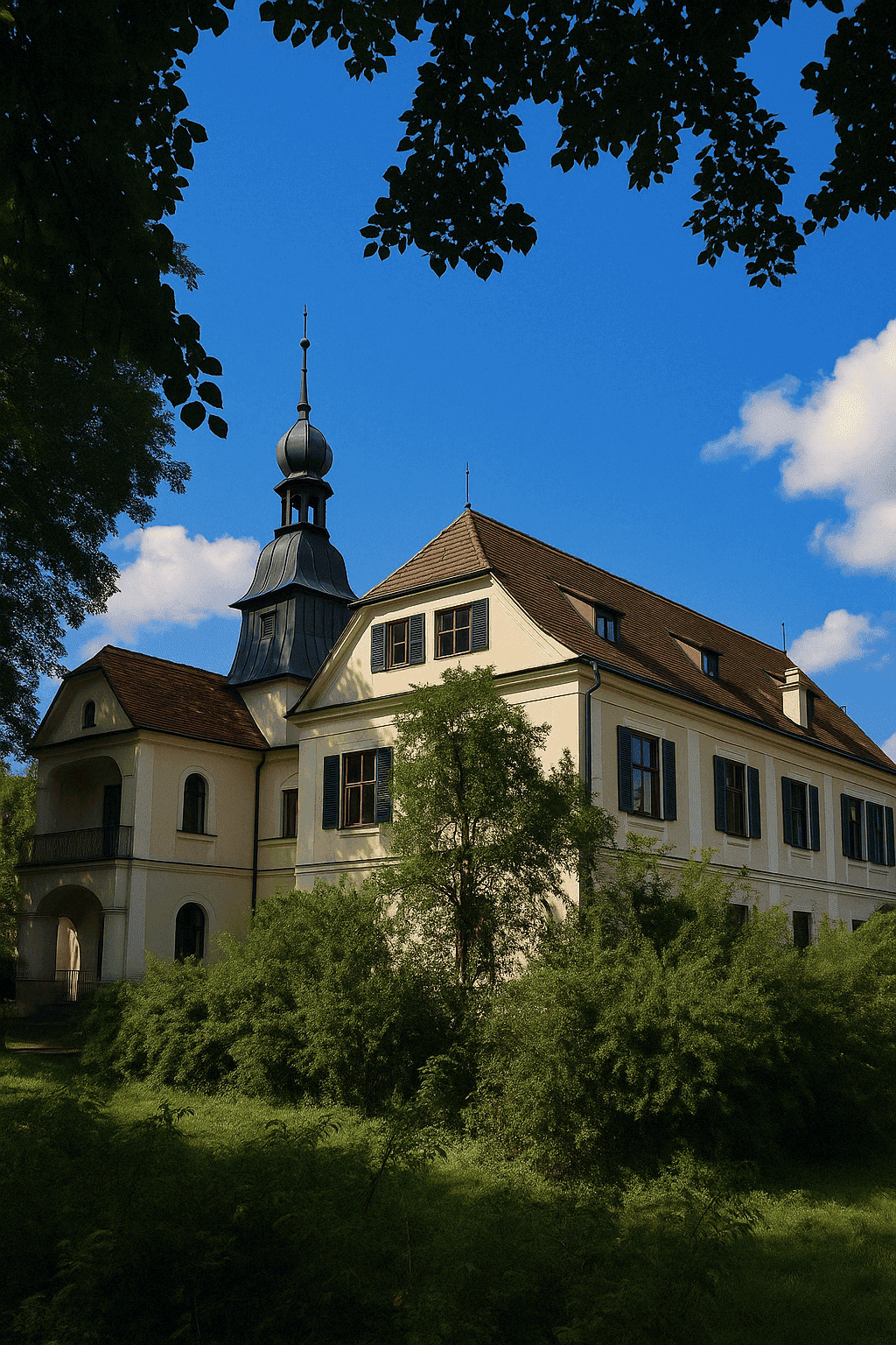 Historic baroque building in Graz-Lend with onion dome, white facades and green shutters, surrounded by trees and shrubs under a blue sky