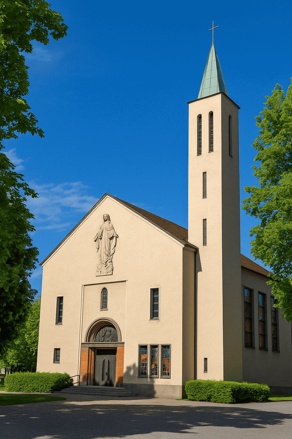 Modern church with a light-coloured, beige plaster building and pointed bell tower in Graz Jakomini. Above the portal is a large statue of the Virgin Mary. Clear lines, simple windows and colourful stained glass give the façade structure. The church is surrounded by green trees and bushes, the sky a bright blue.