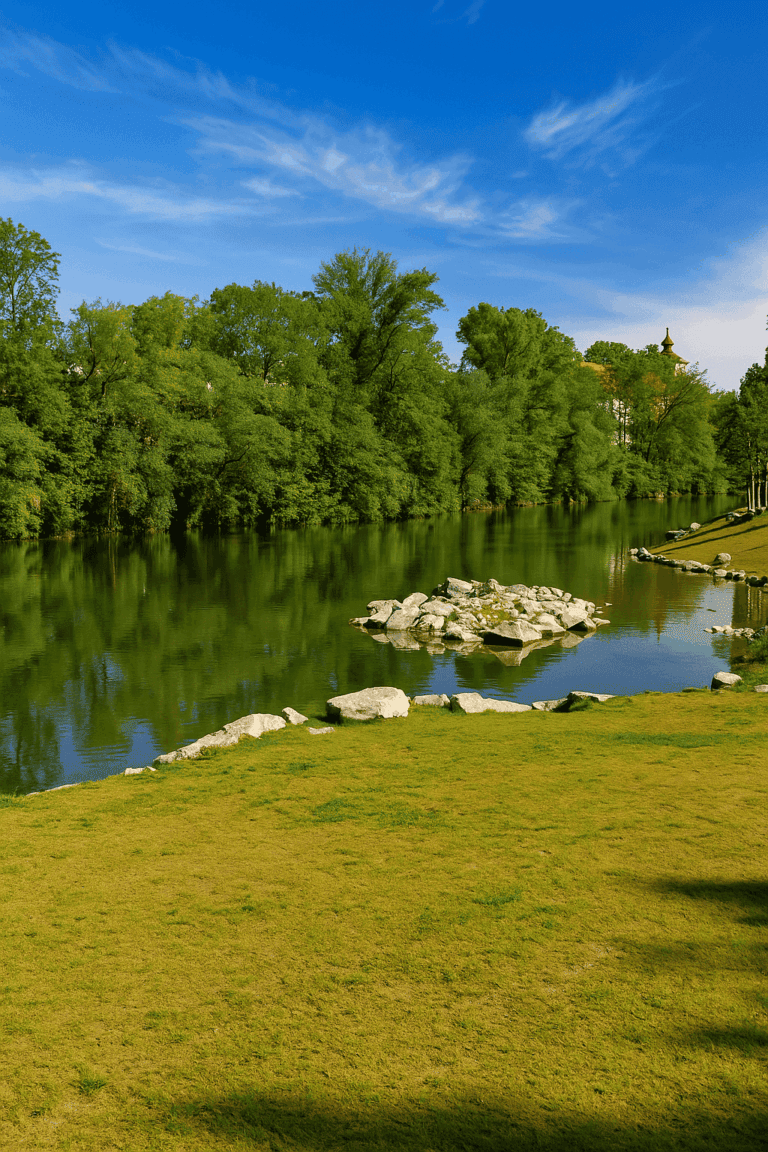 Green river landscape on the Mur in Graz's Augarten park on a clear, sunny day. In the foreground is a well-tended meadow with large stones, behind which dense trees are reflected in the calm water. On the right, a curved path leads along the bank; a building with a red onion dome can be seen in the background