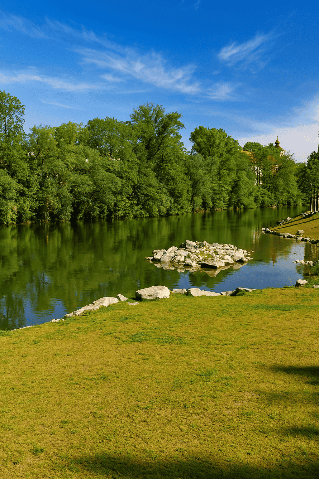 Green river landscape on the Mur in Graz's Augarten park on a clear, sunny day. In the foreground is a well-tended meadow with large stones, behind which dense trees are reflected in the calm water. On the right, a curved path leads along the bank; a building with a red onion dome can be seen in the background