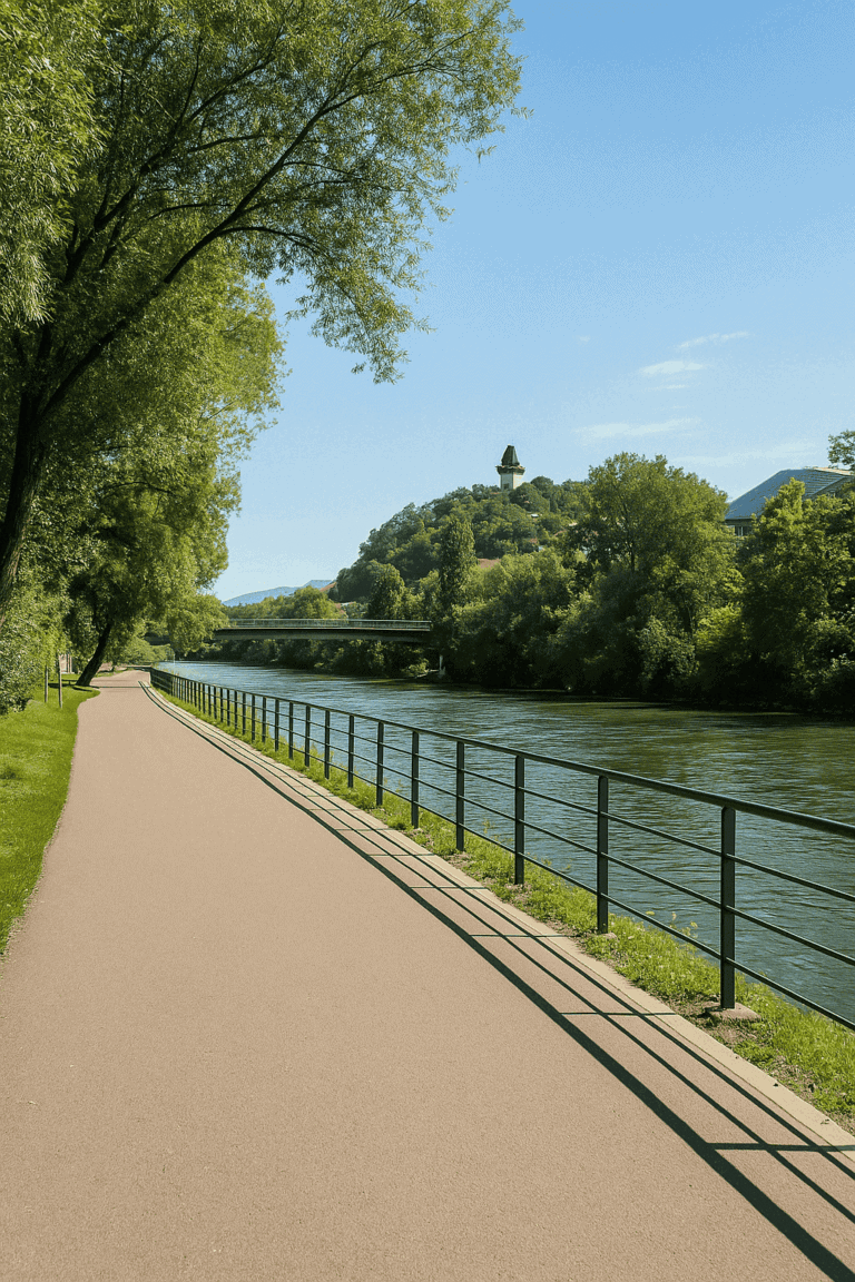 Riverside path of the Murpromenade in Graz in daylight, with a wide footpath and cycle path, green strip of trees, modern railing construction and view of the calm waters of the Mur