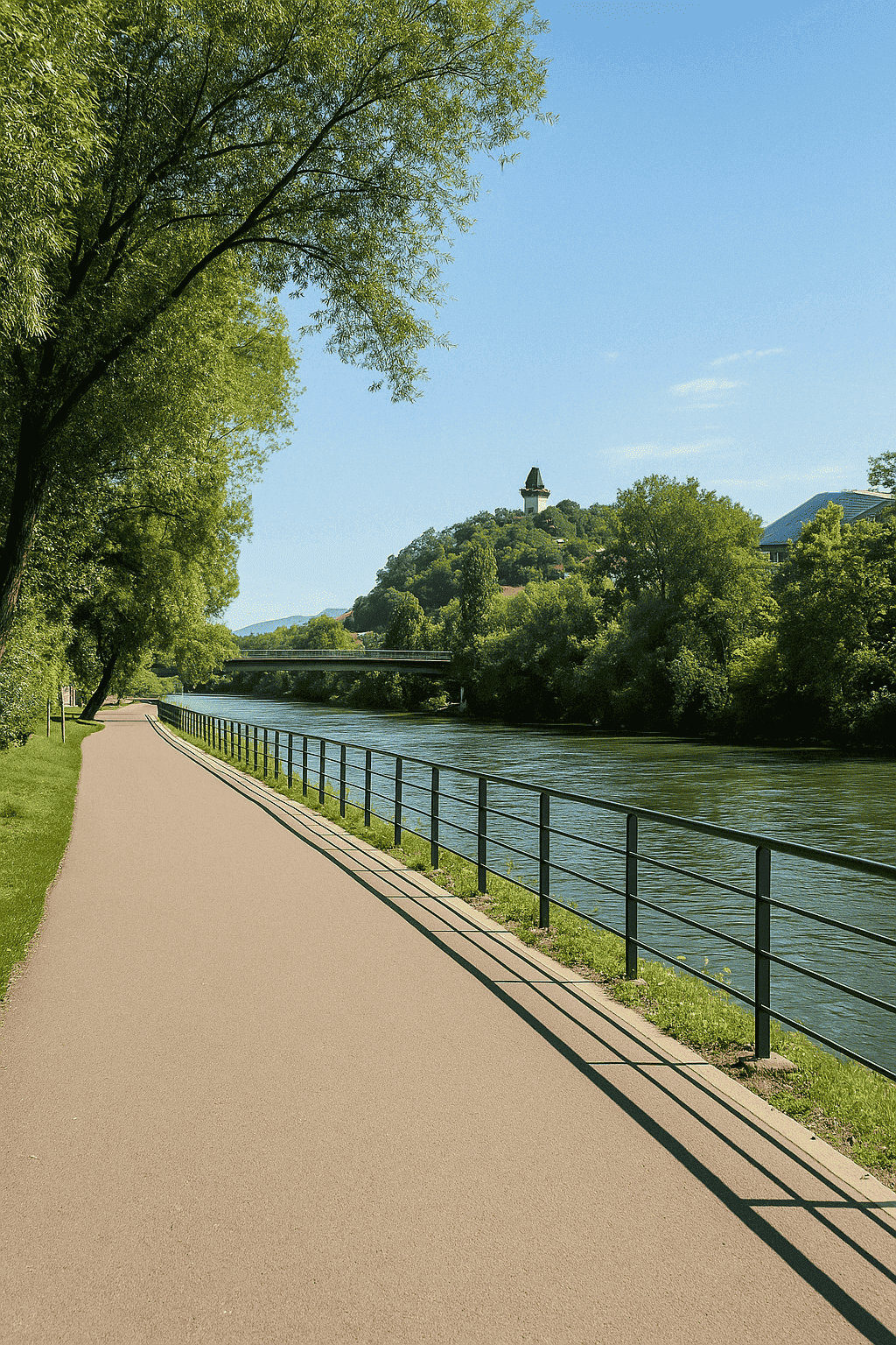 Riverside path of the Murpromenade in Graz in daylight, with a wide footpath and cycle path, green strip of trees, modern railing construction and view of the calm waters of the Mur