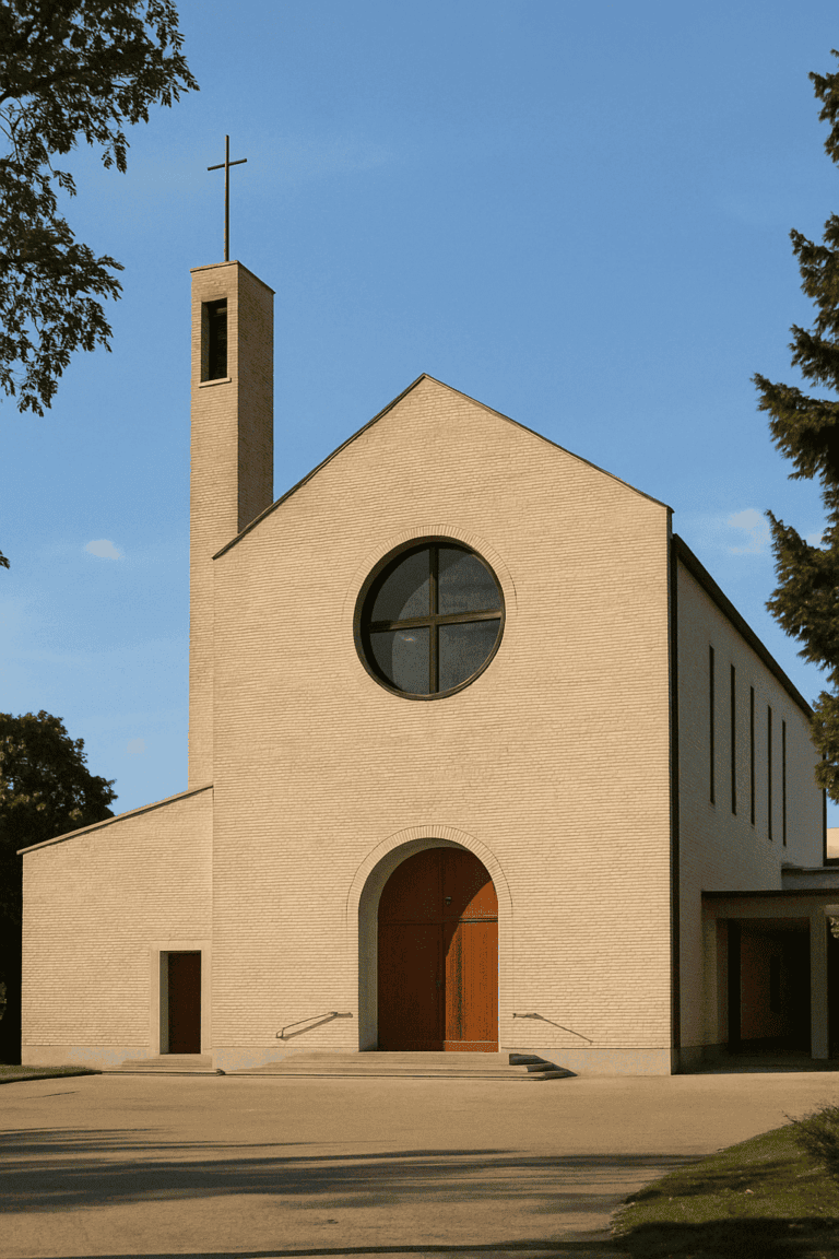 Frontal view of a modern church with a light-coloured brick façade, large round window and slender bell tower with cross, framed by trees under a clear blue sky.