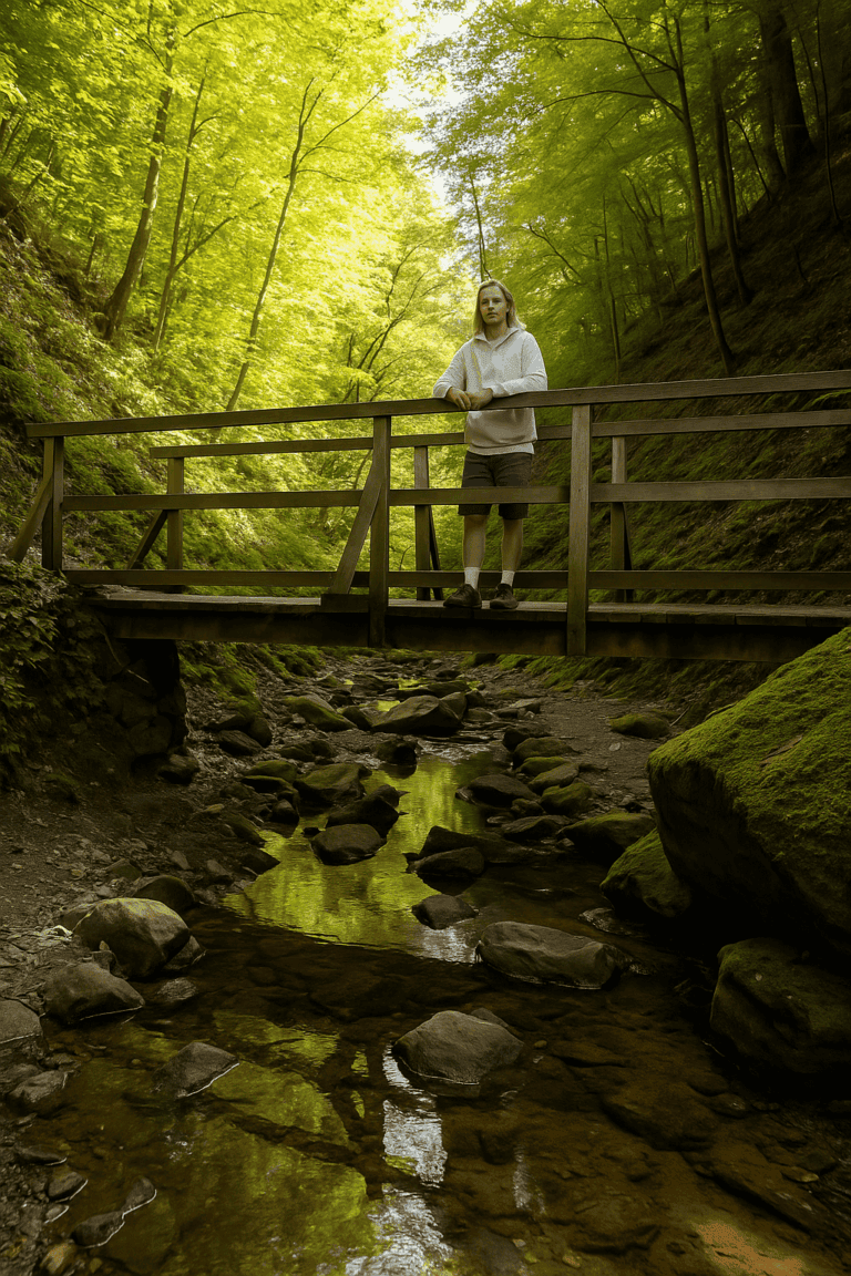 Atmospheric scene in the Rettenbachklamm gorge in the Mariatrost district: a wooden bridge spans a clear, moss-lined stream in the midst of dense green vegetation - a hidden nature trail full of tranquillity and wild beauty.