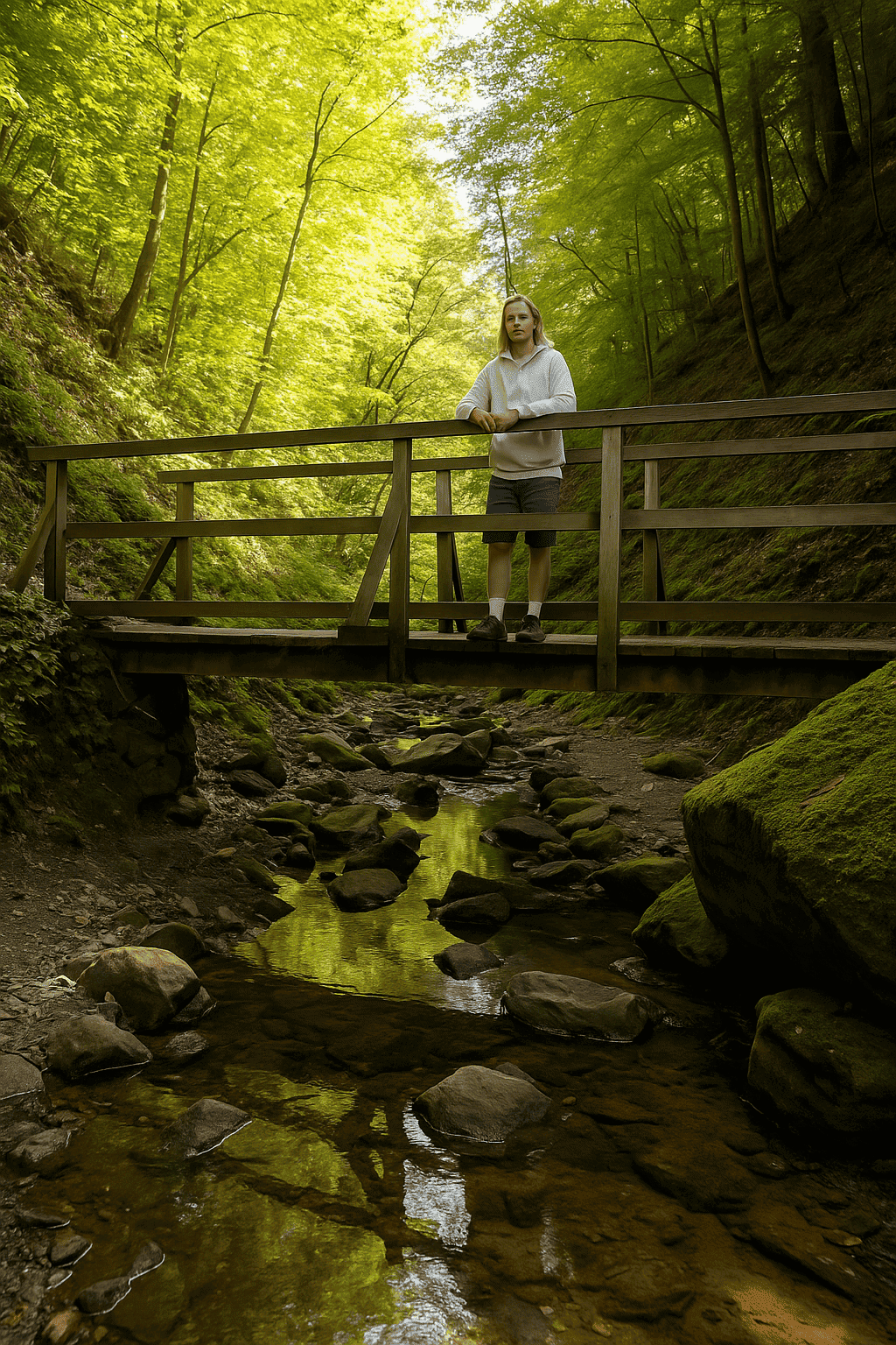 Atmospheric scene in the Rettenbachklamm gorge in the Mariatrost district: a wooden bridge spans a clear, moss-lined stream in the midst of dense green vegetation - a hidden nature trail full of tranquillity and wild beauty.
