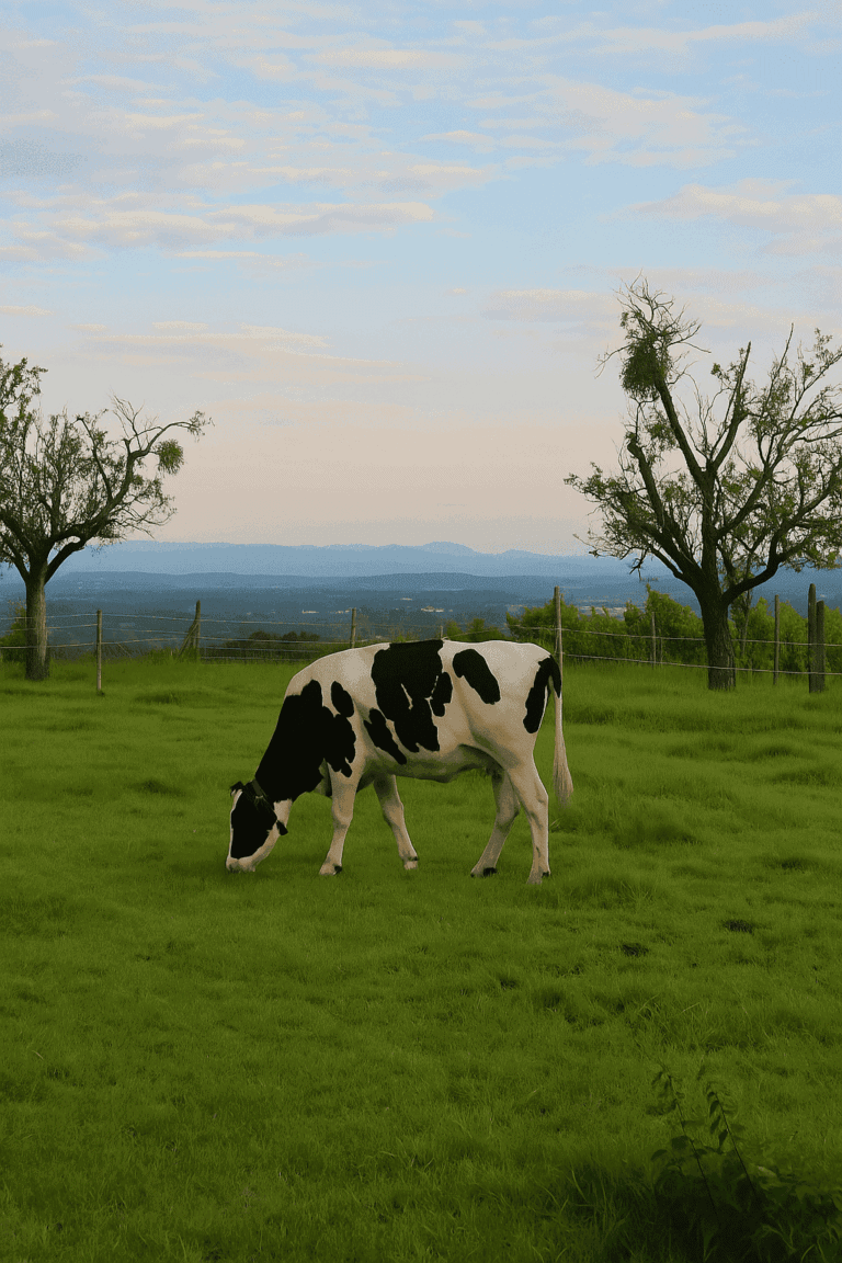 Grazing cow in front of panoramic view in district Ries, Graz