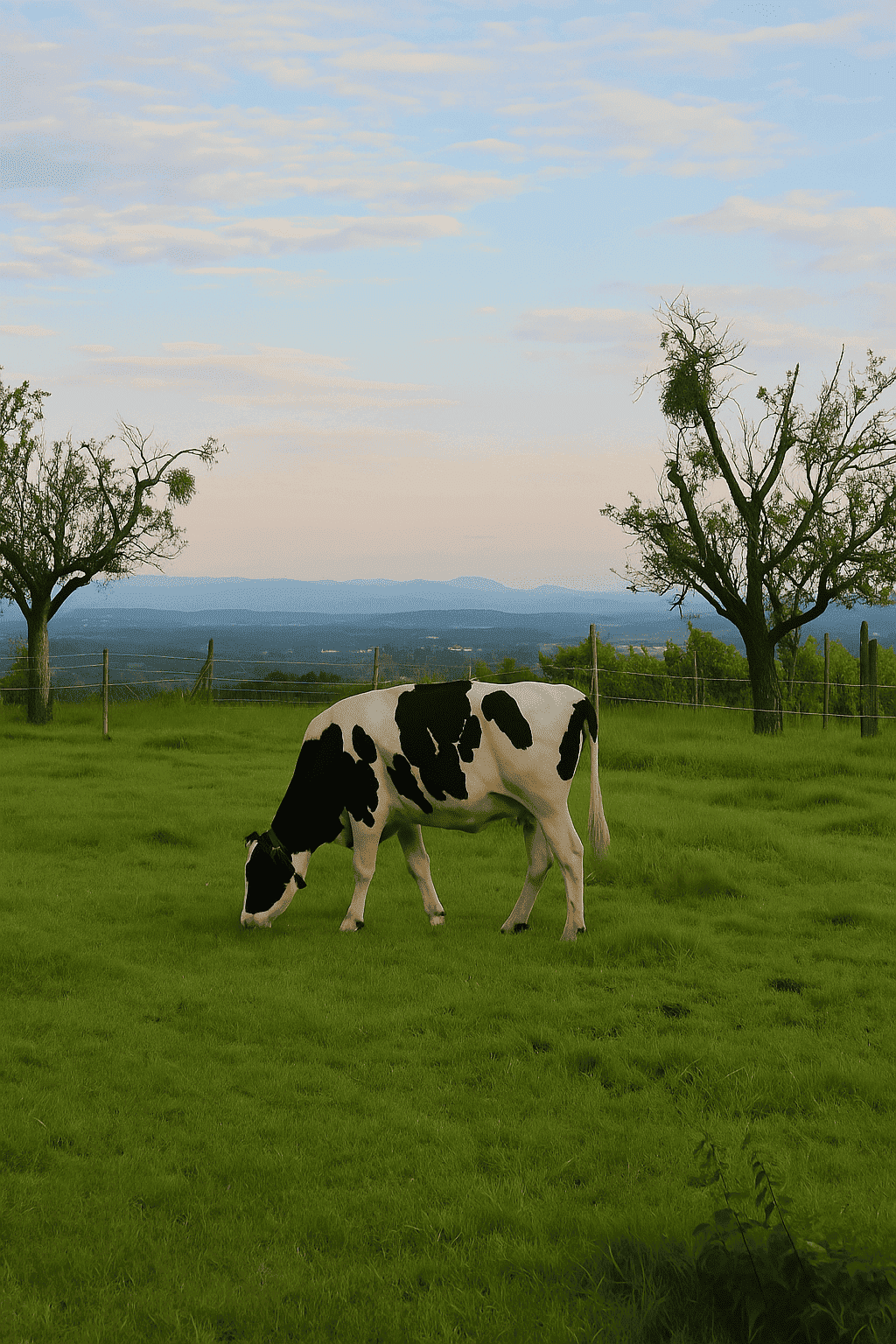 Grazing cow in front of panoramic view in district Ries, Graz