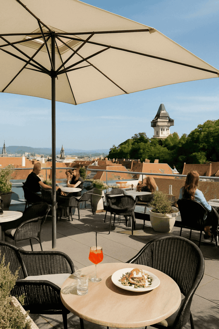 Rooftop café in Graz with a view of the clock tower, modern seating area, parasol and breakfast table - relaxed atmosphere above the rooftops of the historic city centre.