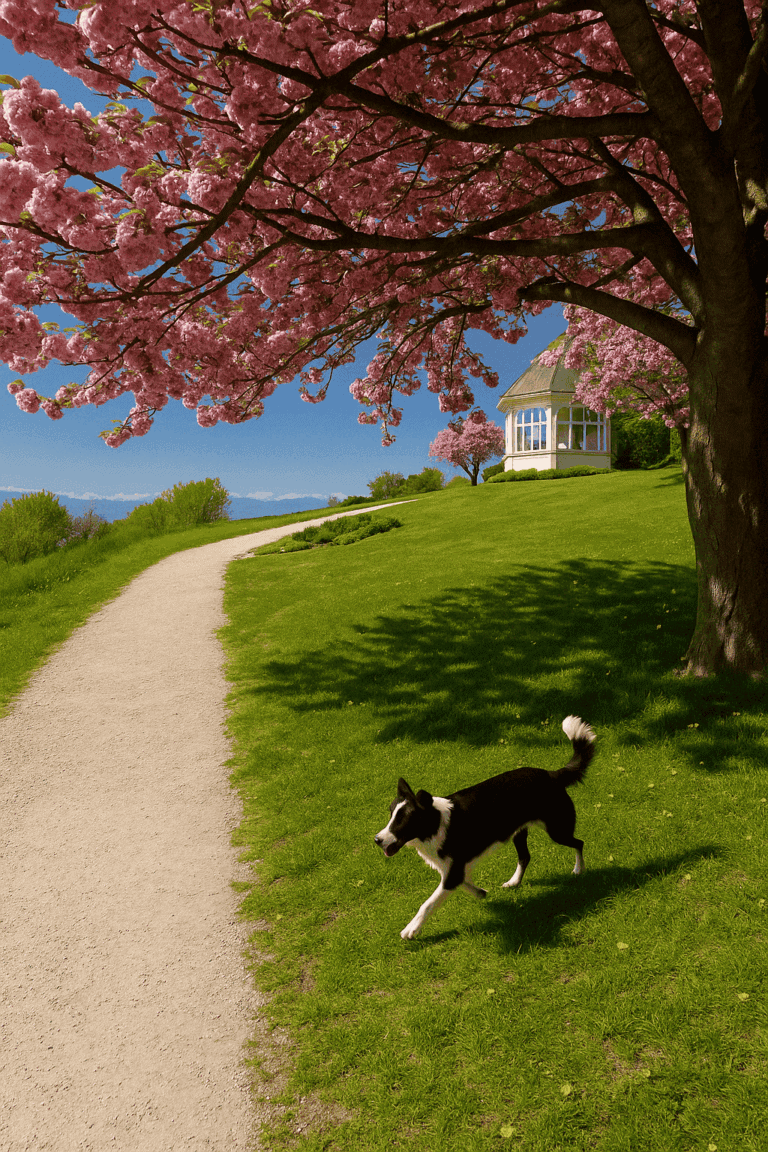 Spring scene in the rose grove in Graz with a blossoming cherry tree, a winding footpath and a black and white dog running across the sunny meadow. In the background, a pavilion with a view of the hills surrounding Graz