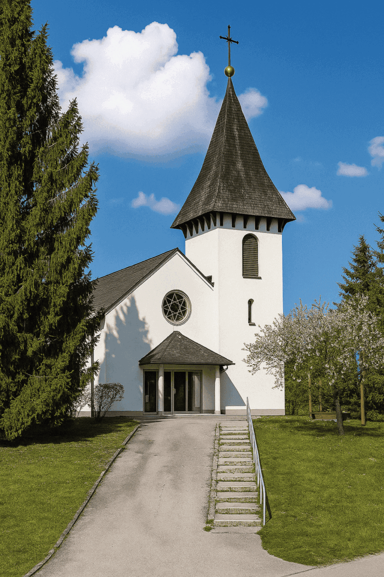 Rupertikirche in Graz-Hohenrain - white plastered church with pointed bell tower, rose windows and surrounding greenery, quietly located on the edge of the Waltendorf district with a view of the Grazer Feld.