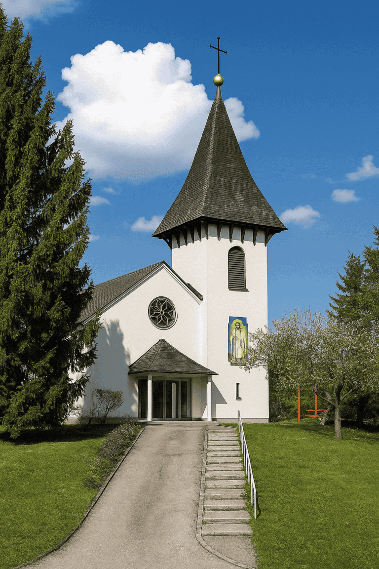 White Ruperti church in Graz-Straßgang with pointed tower, round rose window and entrance area, surrounded by trees and garden.