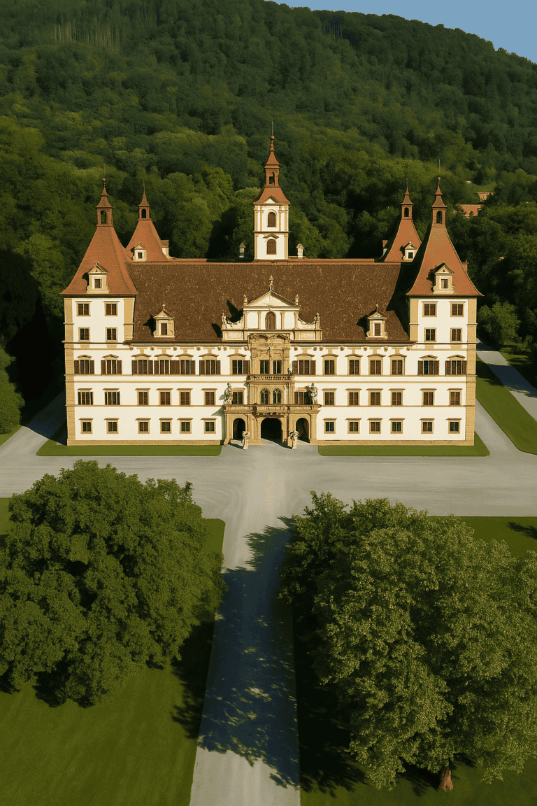 Vista aerea del Palazzo Eggenberg di Graz con facciata barocca, torri rosse e percorso simmetrico del parco in primo piano.