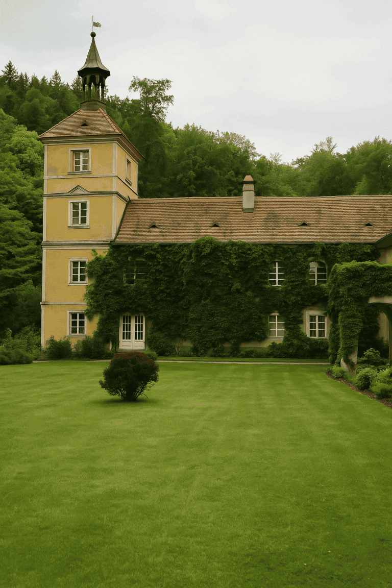 St Gotthard Castle in Graz-Andritz with a yellow façade, turrets and an overgrown arcade, nestled in a green hilly landscape.