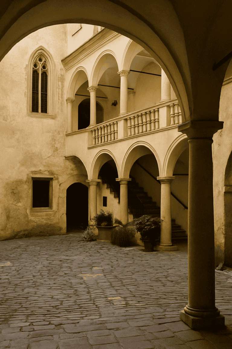 Patio histórico en Graz con adoquines, arcadas de piedra y suave luz solar: un ambiente tranquilo y escondido en el corazón del casco antiguo.