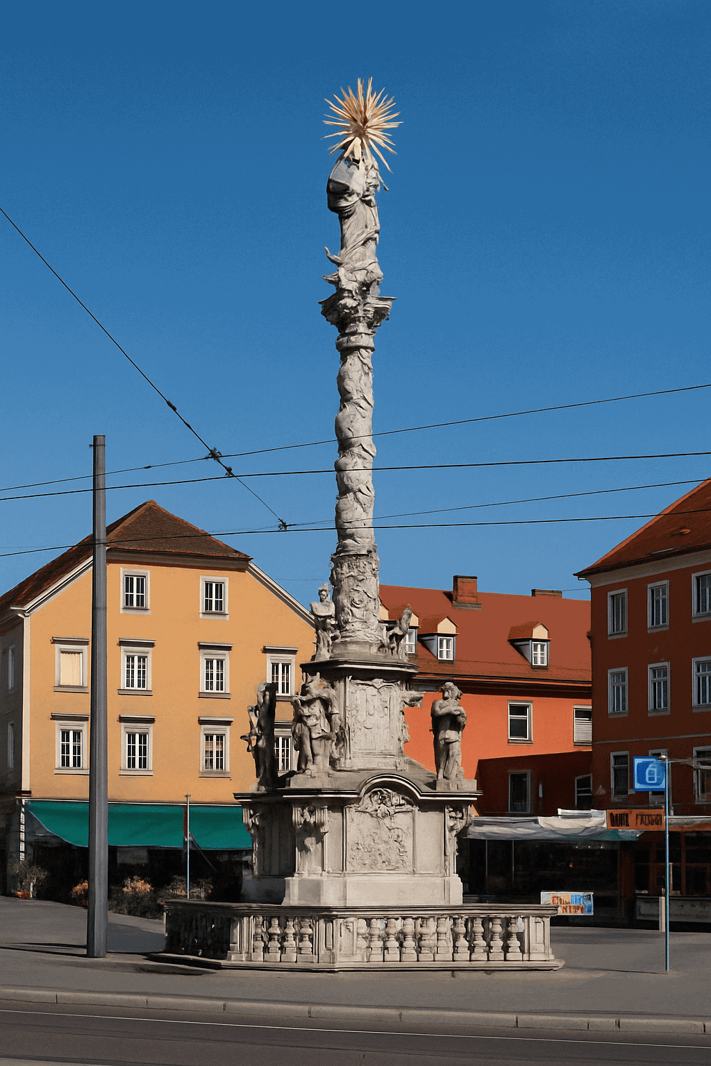Quiet street view of Griesplatz in Graz in mild daylight, with historic façade architecture, tram tracks, shady trees and a wide, open square without people