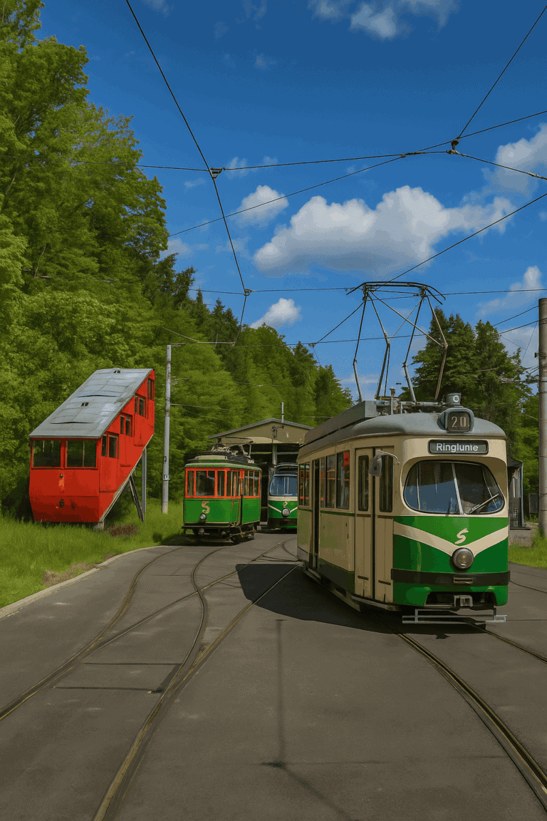 Historic trams and a red funicular railway in front of the Tramway Museum Graz in Mariatrost in the sunshine.