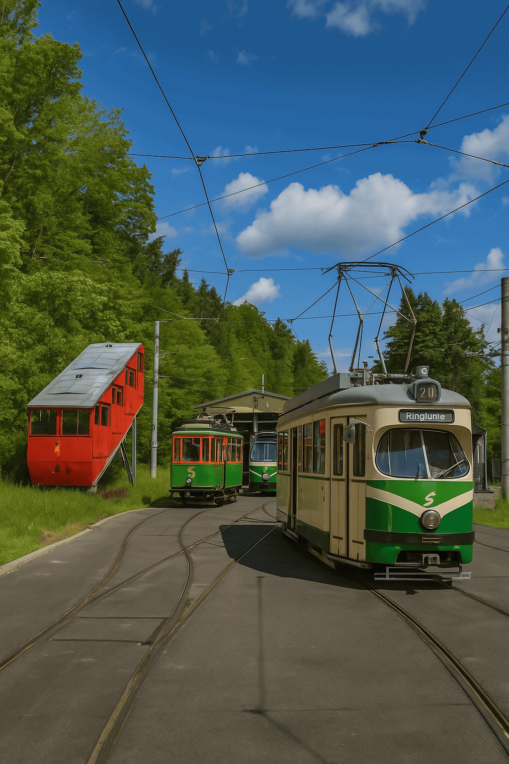 Historic trams and a red funicular railway in front of the Tramway Museum Graz in Mariatrost in the sunshine.