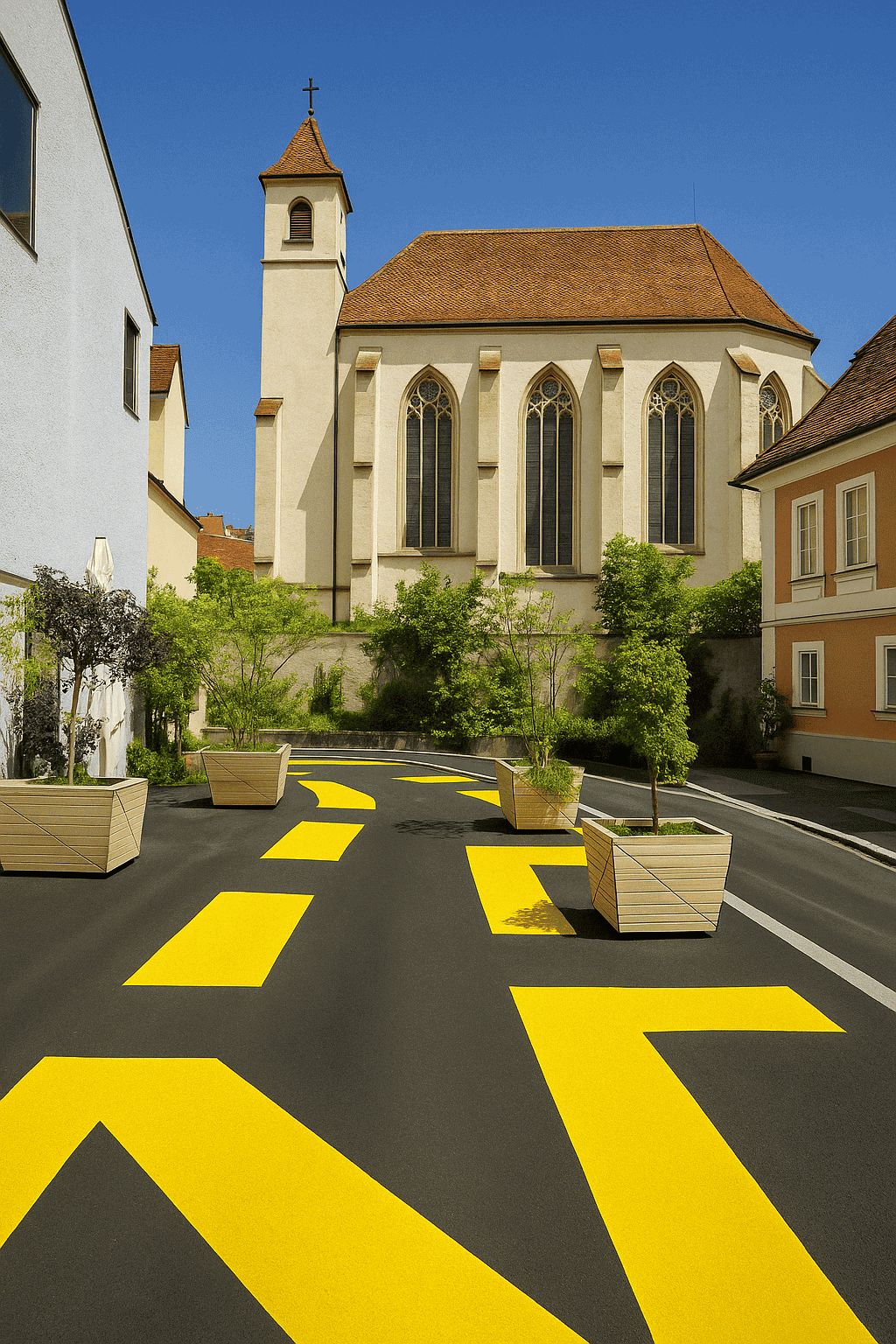 Traffic-calmed Zinzendorfgasse in Graz-Geidorf with striking yellow floor markings, modern wooden seating, green planted islands and a Gothic church in the background - deserted in the sunshine