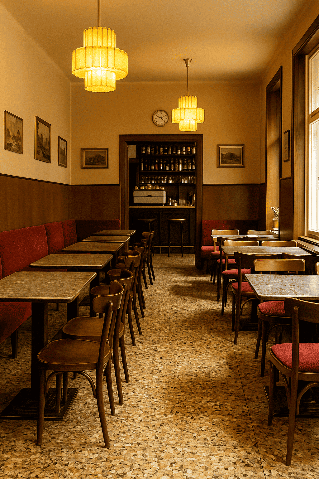 Interior of a charming vintage café with wood panelling, red upholstered benches, classic wooden tables and warm lighting - a cosy retro atmosphere in Graz.