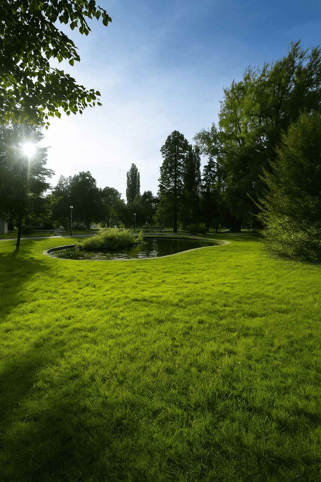 Paesaggio verde del parco del Volksgarten di Graz con laghetto, circondato da alberi secolari e prato nella calda luce della sera, vista della silhouette del cielo limpido con i raggi del sole attraverso la chioma di foglie