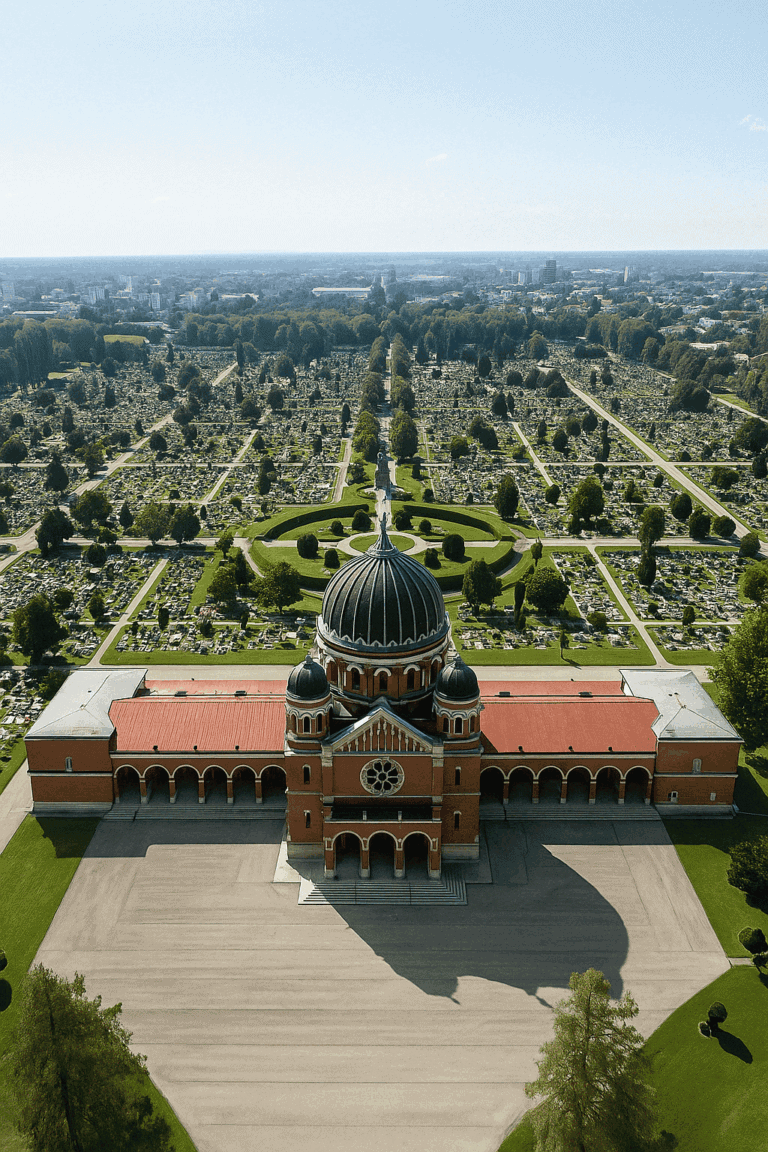 Aerial view of Graz Central Cemetery with symmetrical grave field structure, wide tree-lined avenues and the central, imposing neo-Gothic cemetery church with dome and red tiled roof - embedded in green parkland against the city backdrop of Graz