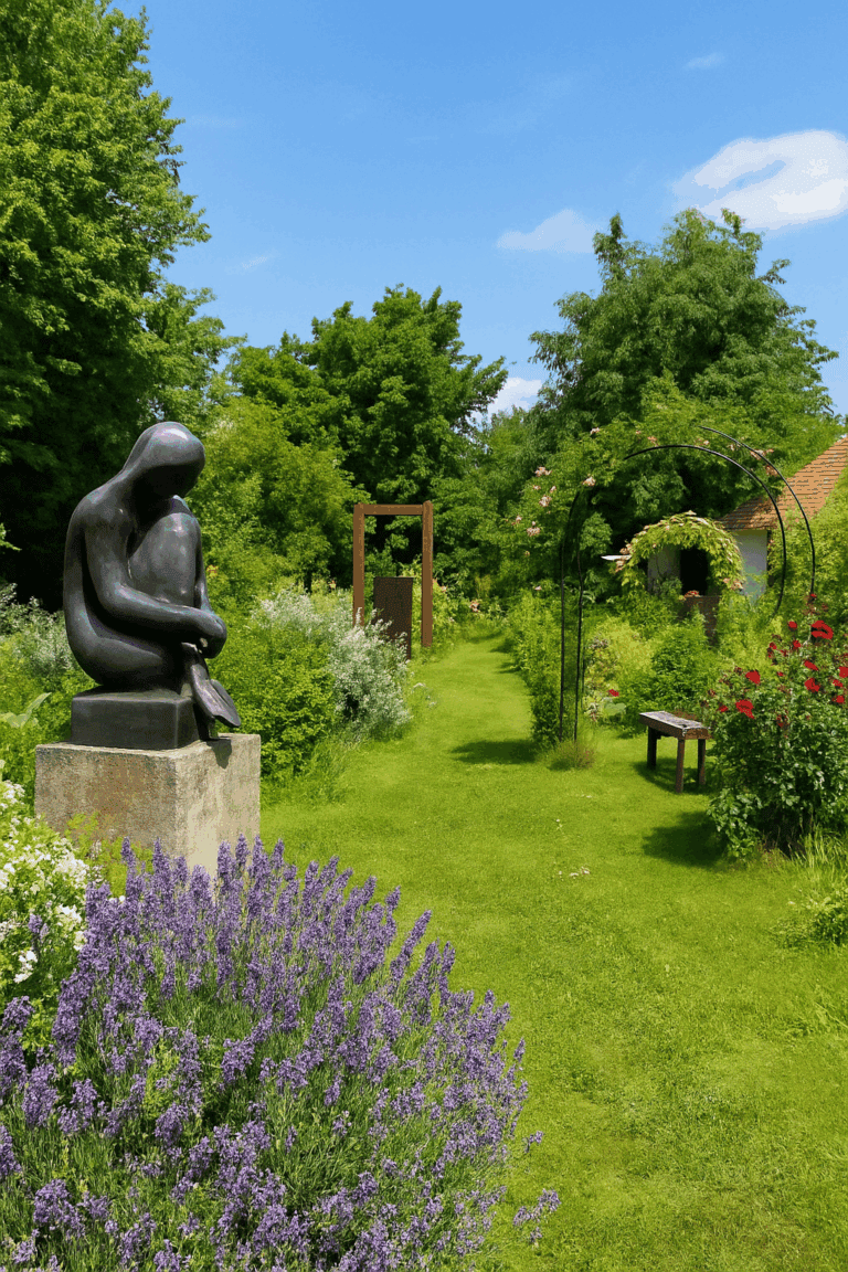 Blooming garden with lavender, roses and sculptures in the kunstGarten Graz; in the foreground an abstract bronze seated figure, in the background a planted archway, a sculpture frame and a green path under a blue sky