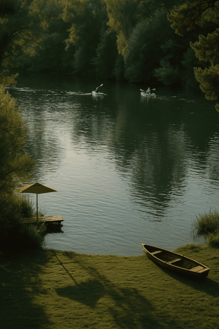 Idyllic river landscape in the evening sun with calm water, a small wooden jetty with a parasol on the bank, a wooden boat on the meadow and two kayakers on the Mur, surrounded by dense, green vegetation on the banks.