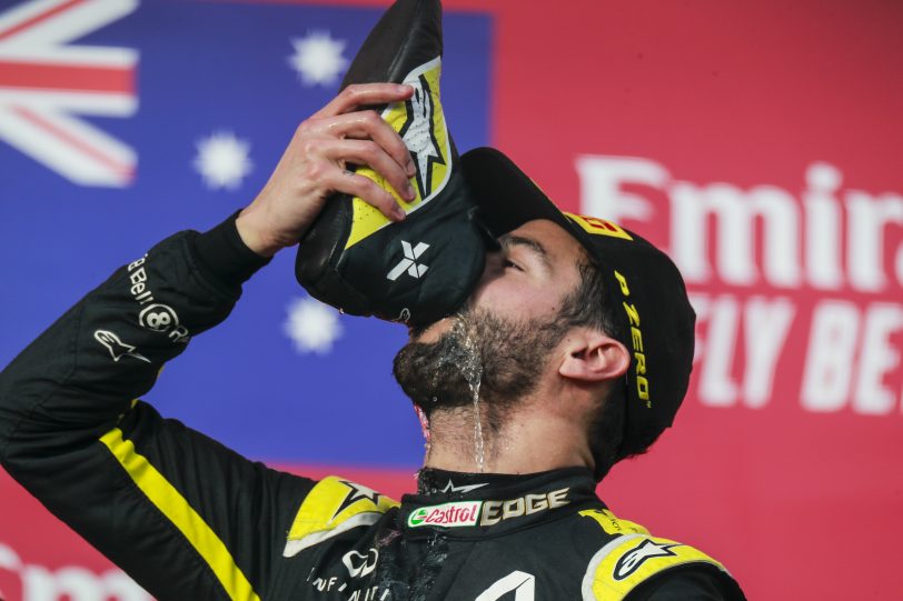 Daniel Ricciardo 1 Daniel Ricciardo, Renault F1 celebrates on the podium with a shoey