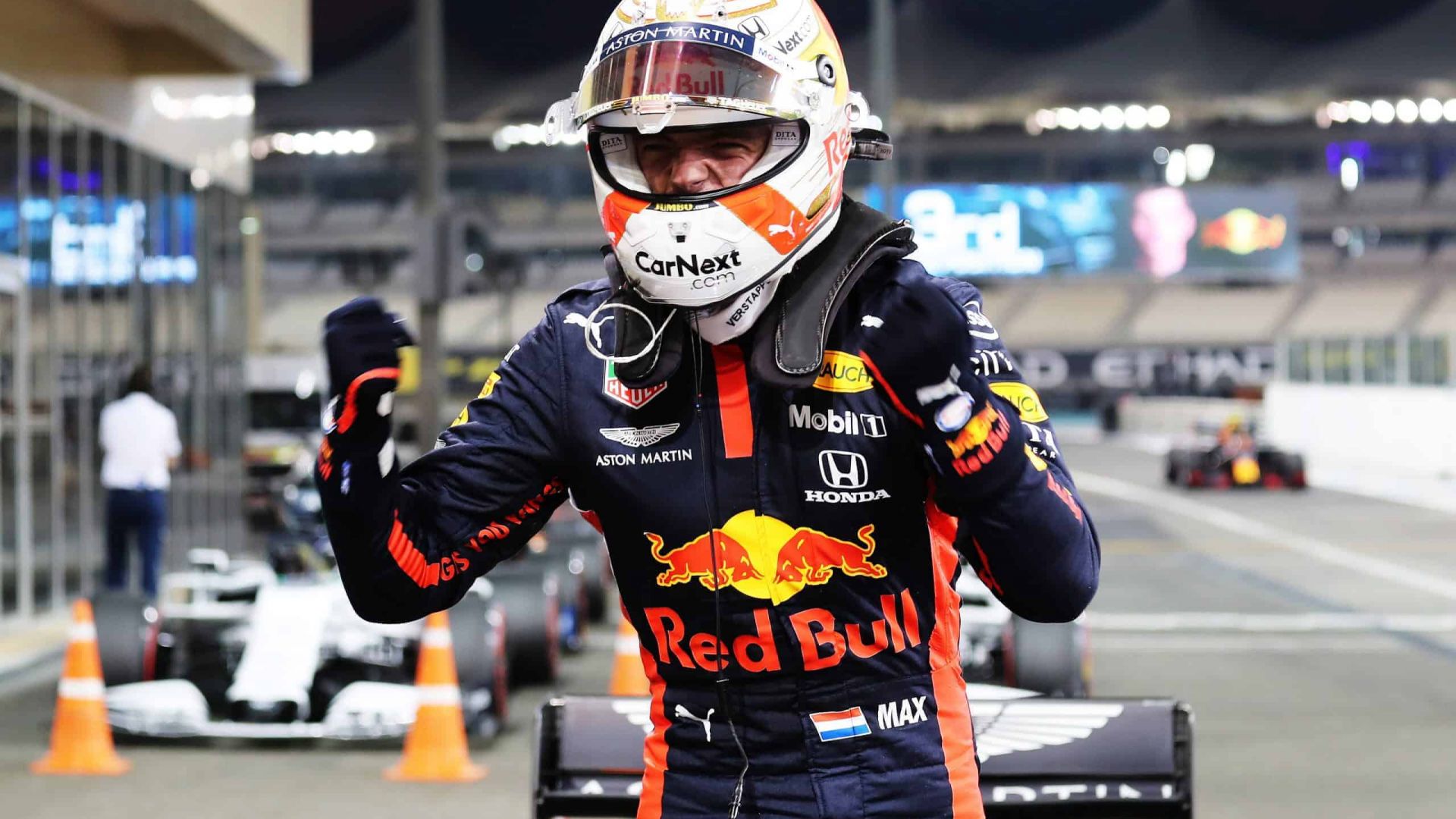 F1 Grand Prix of Abu Dhabi - Qualifying 2020 Abu Dhabi Grand Prix, Saturday - Max Verstappen with his HANS device still on (image courtesy Red Bull Racing)