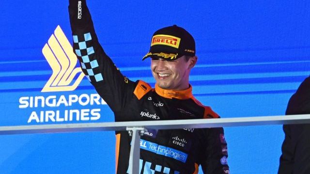 Lando Norris, Mclaren, 2nd Position, Lifts His Trophy