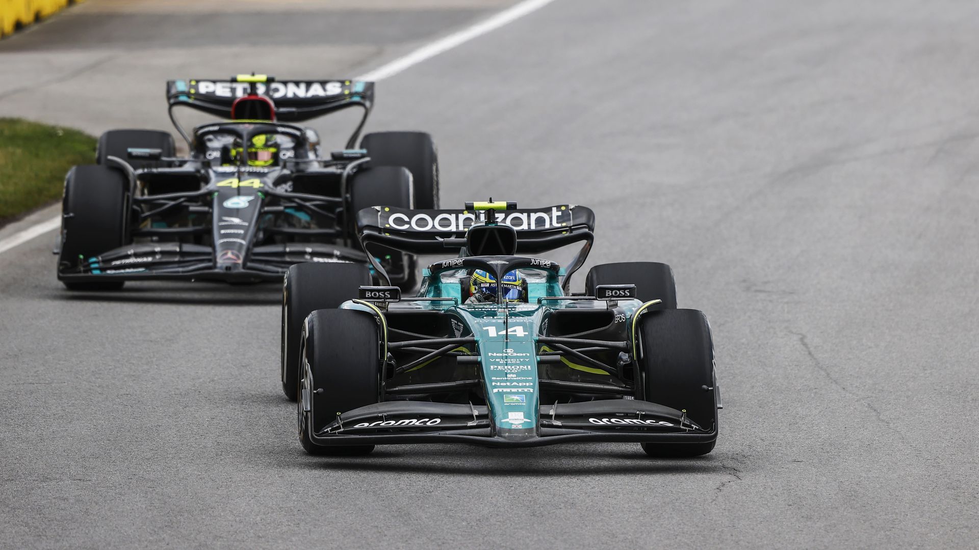 Fernando Alonso, Aston Martin Amr23, Leads Sir Lewis Hamilton, Mercedes F1 W14 Alonso