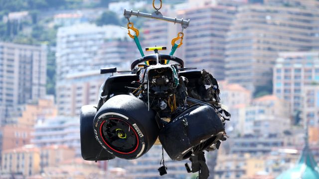 MONTE-CARLO, MONACO - MAY 26: The car of Sergio Perez of Mexico and Oracle Red Bull Racing is recovered from the track after crashing during the F1 Grand Prix of Monaco at Circuit de Monaco on May 26, 2024 in Monte-Carlo, Monaco. (Photo by Clive Rose/Getty Images) *** BESTPIX *** // Getty Images / Red Bull Content Pool // SI202405260966 // Usage for editorial use only //