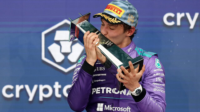 Miami Grand Prix, Sunday, Getty Images MIAMI, FLORIDA - MAY 03: Race winner Andrea Kimi Antonelli of Italy and Mercedes AMG Petronas F1 Team kisses his trophy on the podium during the F1 Grand Prix of Miami at Miami International Autodrome on May 03, 2026 in Miami, Florida. (Photo by Chris Graythen/Getty Images)