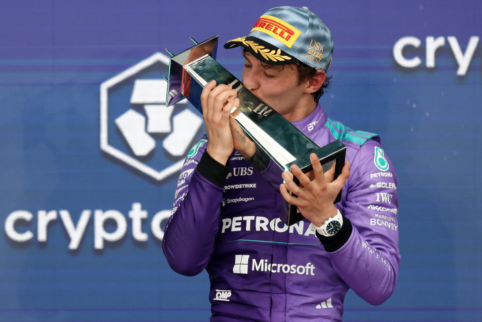 Miami Grand Prix, Sunday, Getty Images MIAMI, FLORIDA - MAY 03: Race winner Andrea Kimi Antonelli of Italy and Mercedes AMG Petronas F1 Team kisses his trophy on the podium during the F1 Grand Prix of Miami at Miami International Autodrome on May 03, 2026 in Miami, Florida. (Photo by Chris Graythen/Getty Images)
