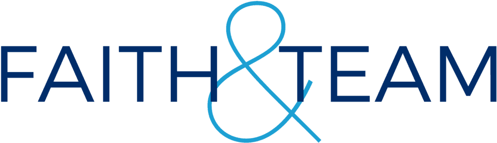 Faith & Team logo with blue lettering and an elegant ampersand symbol, showcasing the powerful combination of faith and teamwork.