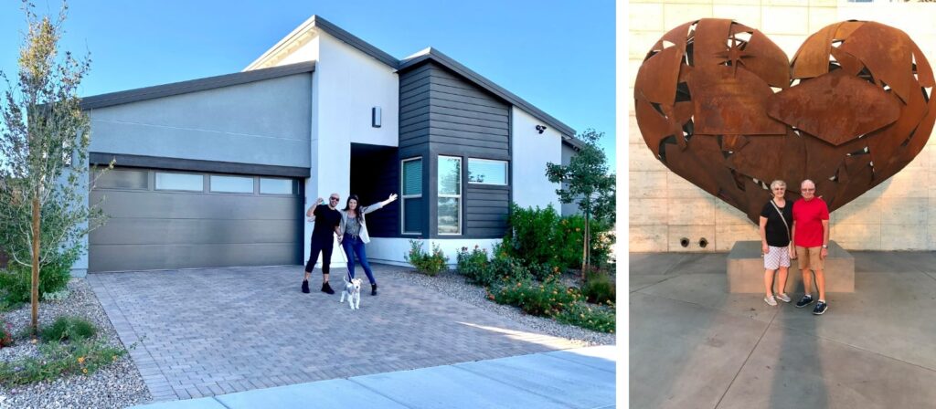 Modern house with sleek architecture and large driveway in a residential area.