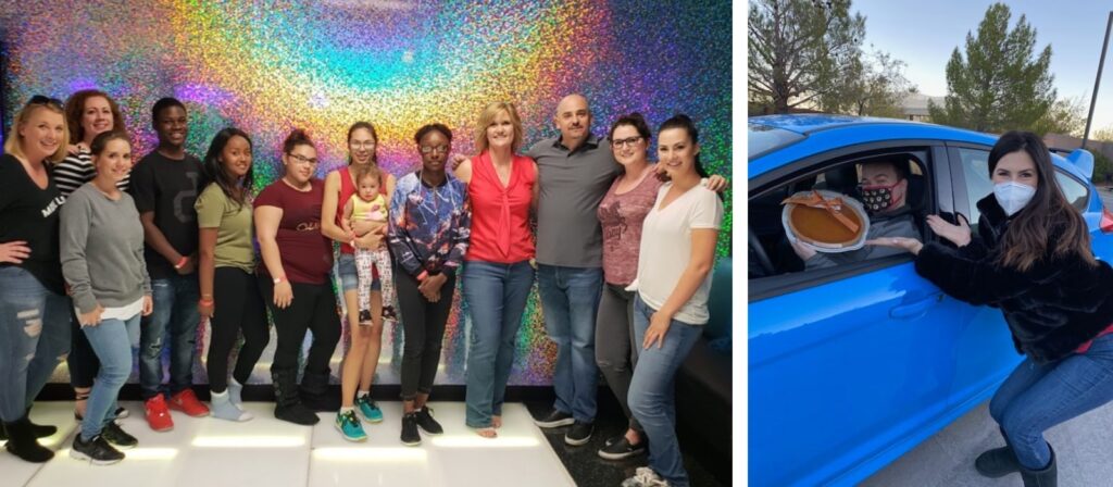 Faith Harmer with diverse real estate team at colorful art installation.