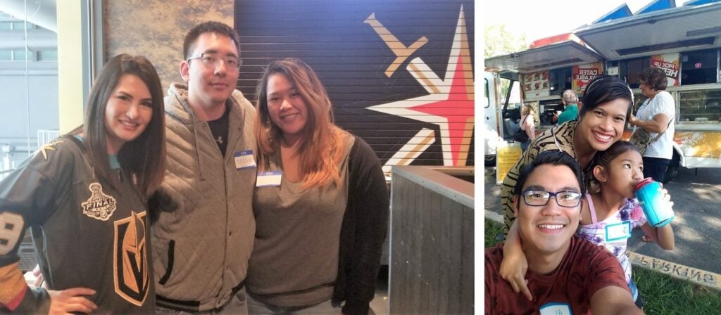 Faith Harmer with clients at a real estate event, smiling and engaging in networking activities.