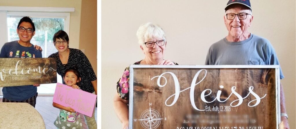 Faith Harmer with clients holding a "Heiss" sign and a welcome sign, showcasing friendly real estate.